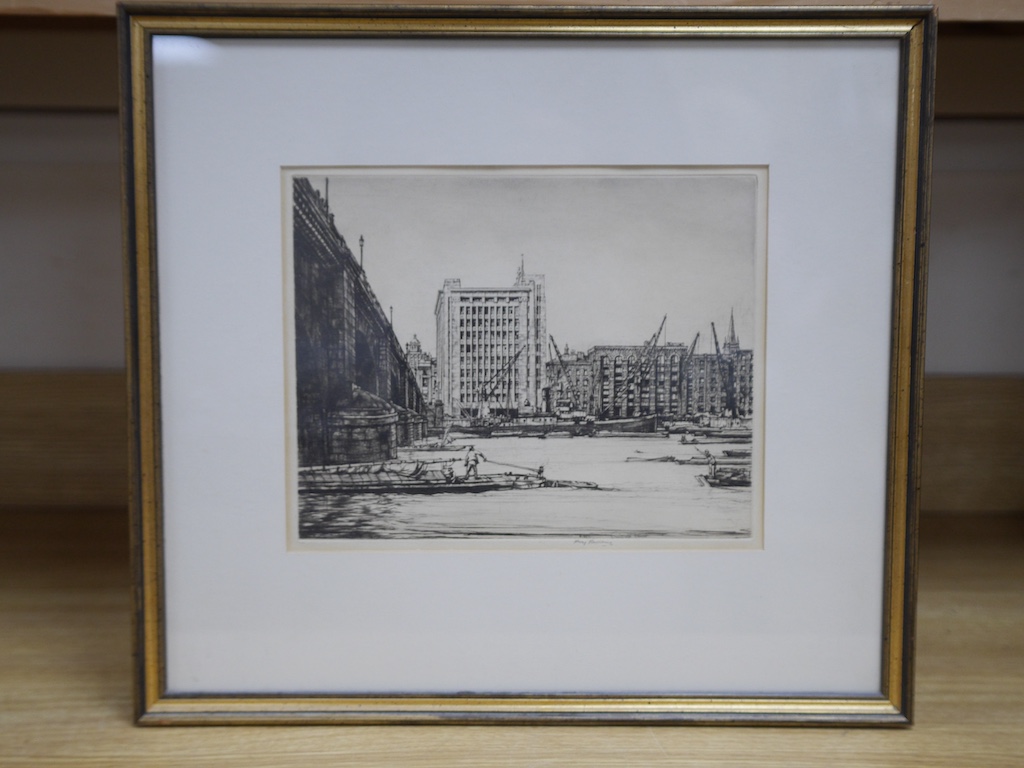 Sir Henry Rushbury RA, ROI (1889-1965), drypoint etching, London Bridge 1928, signed in pencil, Abbott & Holder inscribed label verso, 23 x 28cm. Condition - fair to good